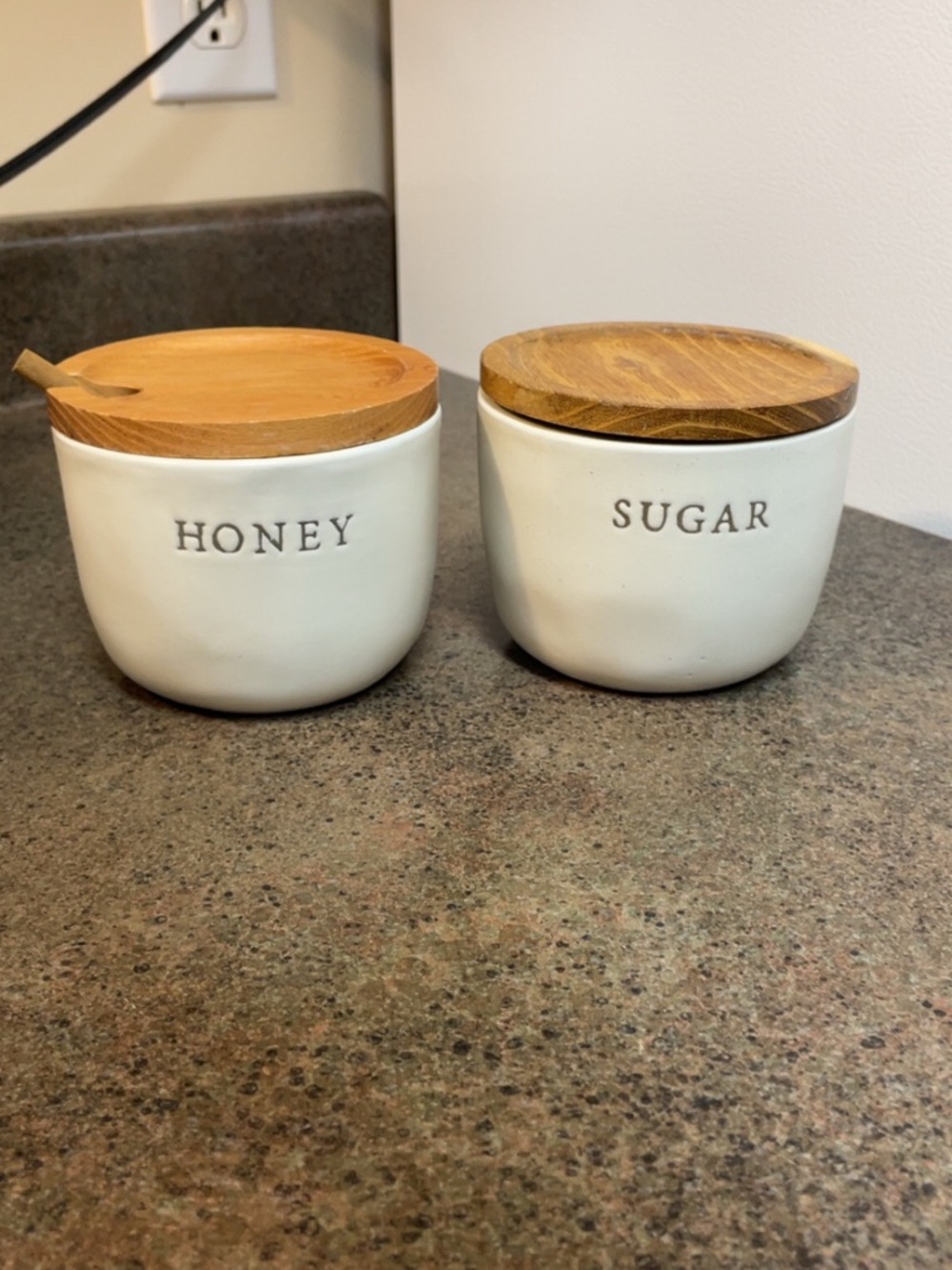 Hearth & Hand Cream Ceramic Honey and Sugar Jars with Wood Lids
